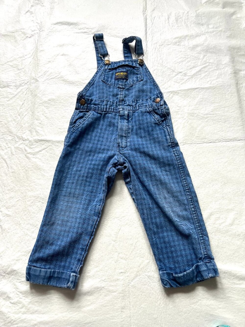 Vintage OshKosh B'gosh overalls 4T 4 T blue denim woven check plaid made in USA